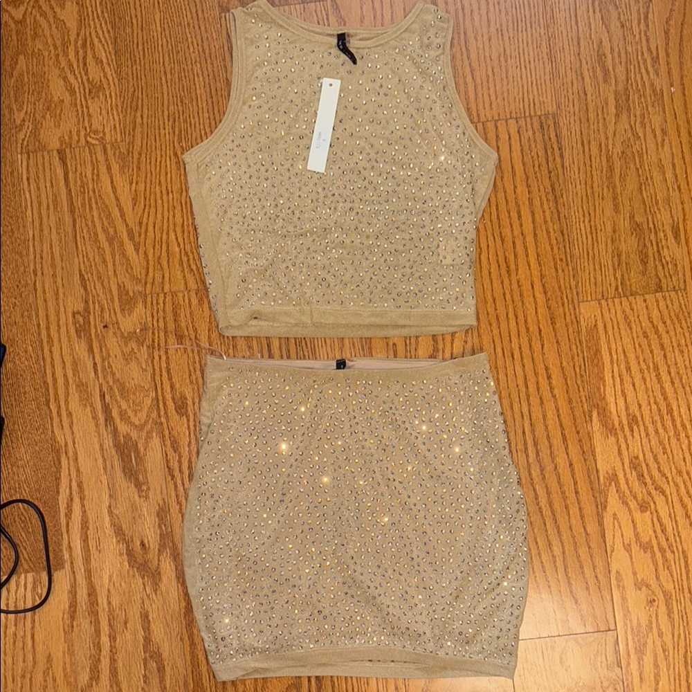 Tan Sleeveless Studded Top and Skirt Set